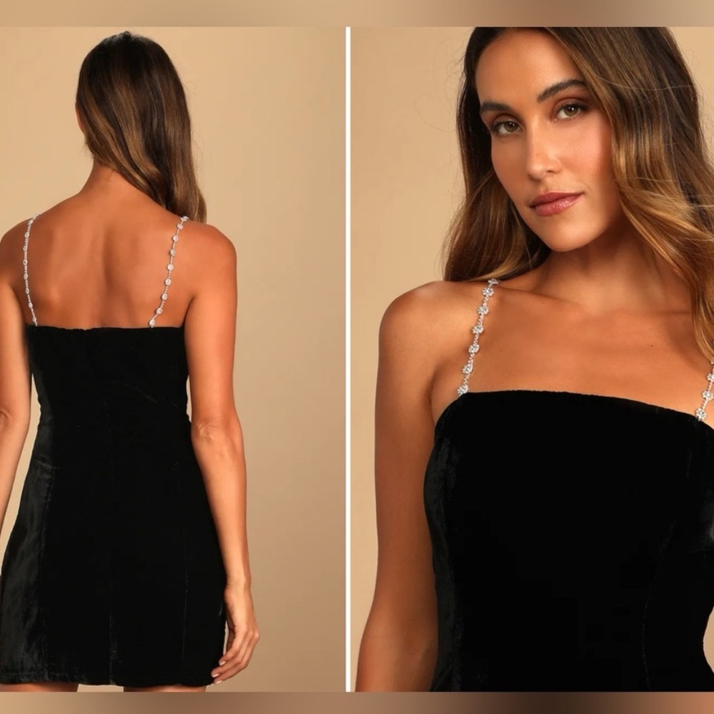 NWT Lulu’s Loaded with Luxe Black Velvet Rhinestone Bodycon Mini Dress, size S